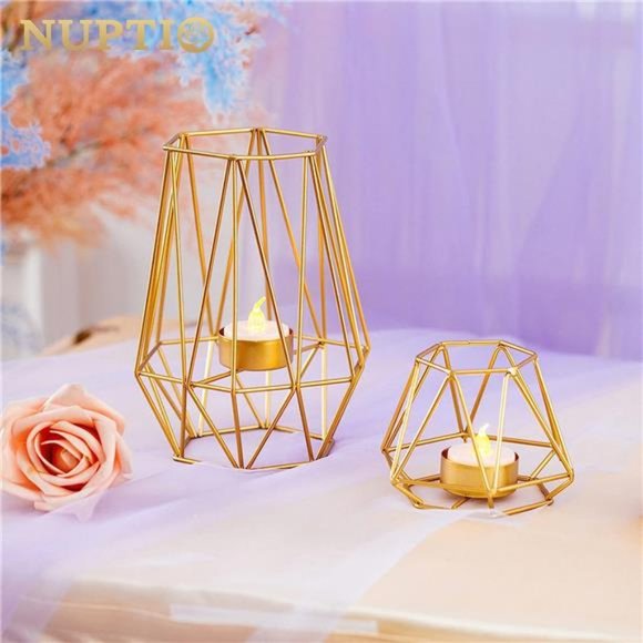 2 Pcs Metal Hexagon Shaped Geometric Design Tea Light Votive Candle Holders - Picture 2 of 6